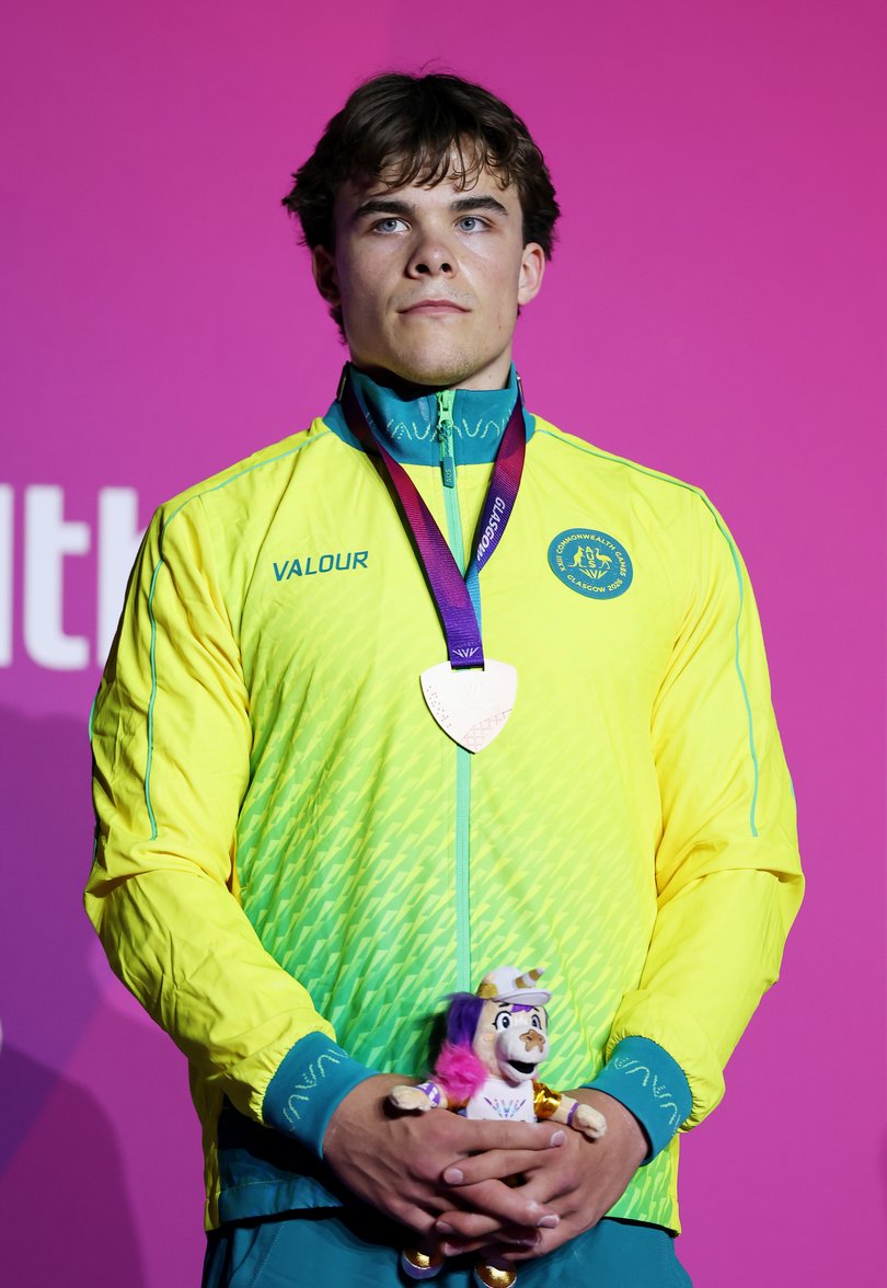 GLASGOW, SCOTLAND - JULY 26: Bronze medalist Jesse Moore of Team Australia looks on during the medal ceremony for the Men's All-Around Final on day three of the Glasgow 2026 Commonwealth Games at The Arena on July 26, 2026 in Glasgow, Scotland. (Photo by Francois Nel/Getty Images)