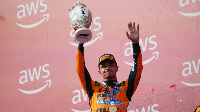 McLaren's Lando Norris celebrates his victory in Hungary.