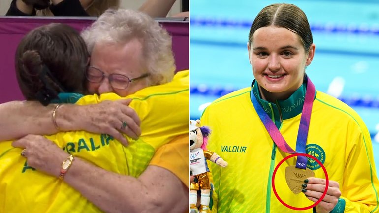 Iona Anderson, complete with tartan nails, celebrates her gold medal with her Scottish grandmother Pam.