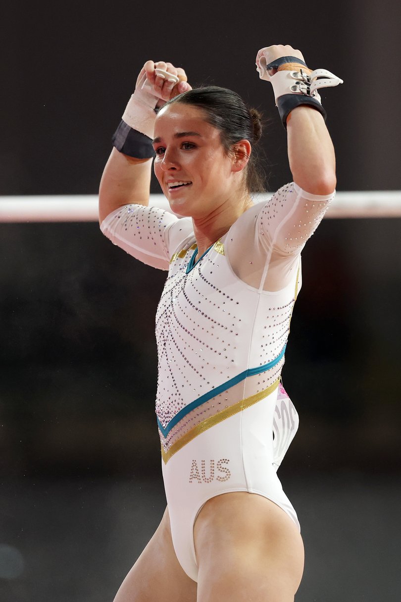 GLASGOW, SCOTLAND - JULY 27: Kate McDonald of Team Australia celebrates after competing in the Women's Uneven Bars Final on day four of the Glasgow 2026 Commonwealth Games at The Arena on July 27, 2026 in Glasgow, Scotland. (Photo by Lintao Zhang/Getty Images)