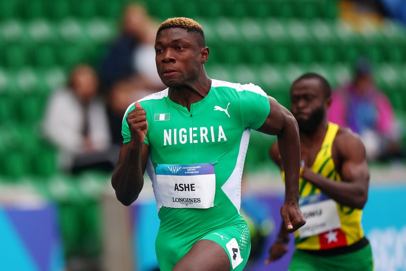 GLASGOW, SCOTLAND - JULY 27: Favour Oghene Tejiri Ashe of Team Nigeria competes in the Men's 100 Metres Heats during the Athletics on day four of the Glasgow 2026 Commonwealth Games at Scotstoun Stadium on July 27, 2026 in Glasgow, Scotland. (Photo by Dean Mouhtaropoulos/Getty Images)