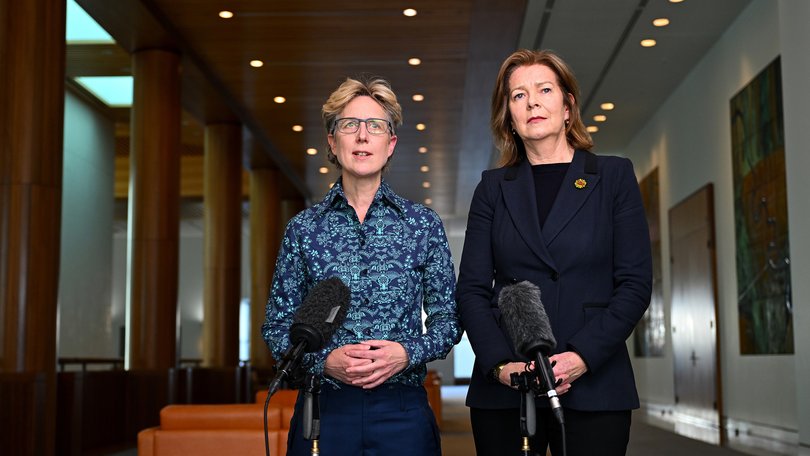 Australian Council of Trade Unions Secretary Sally McManus, left, and President Michele O'Neil, right, at Parliament House in Canberra in August 2023.