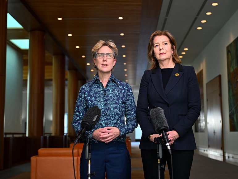 Australian Council of Trade Unions Secretary Sally McManus, left, and President Michele O'Neil, right, at Parliament House in Canberra in August 2023.