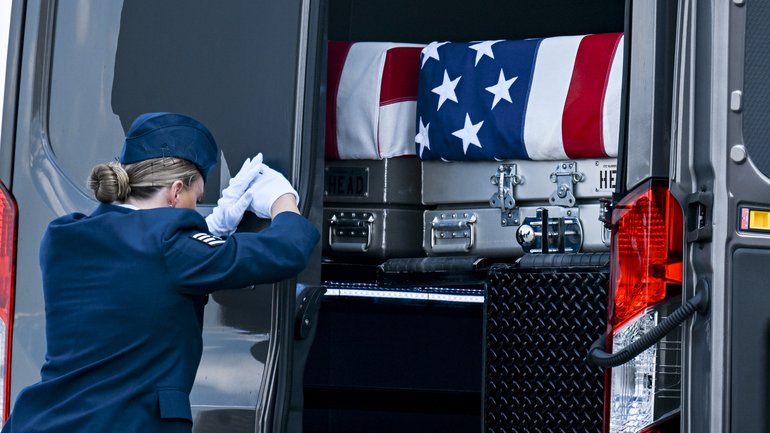 A ceremony held at the Dover Air Force Base to honour US Army soldiers killed in action in Jordan. 