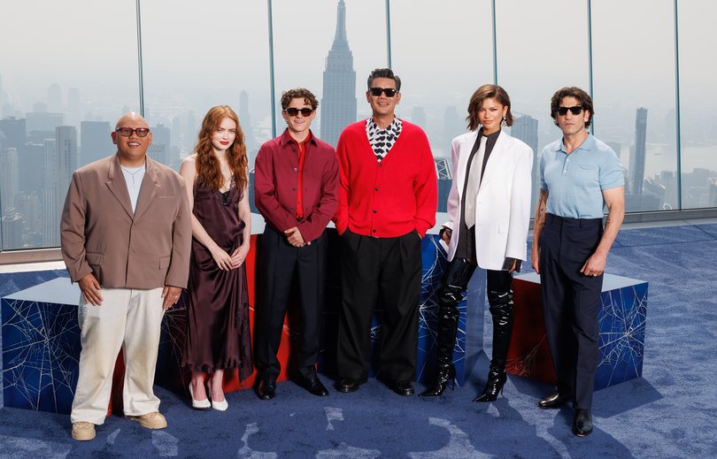 Jacob Batalon, Sadie Sink, Tom Holland,  Destin Daniel Cretton, Zendaya, and Jon Bernthal promoting Spider-Man: Brand New Day.