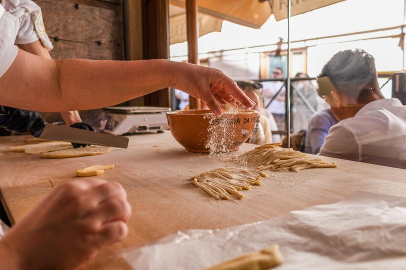 Pasta is prepared fresh at a Rome restaurant. 