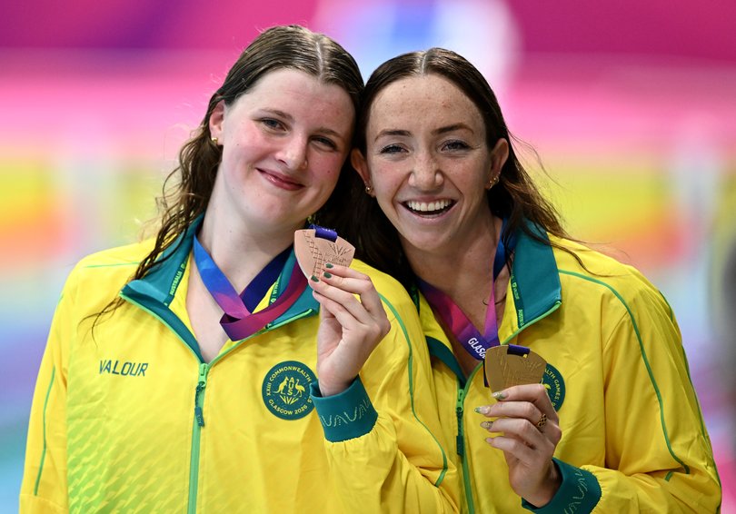 Gold medallist Lani Pallister and bronze medallist Molly Walker after the 800m freestyle final.
