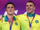 Flynn Southam celebrates his win, and right, with Kyle Chalmers on the podium.