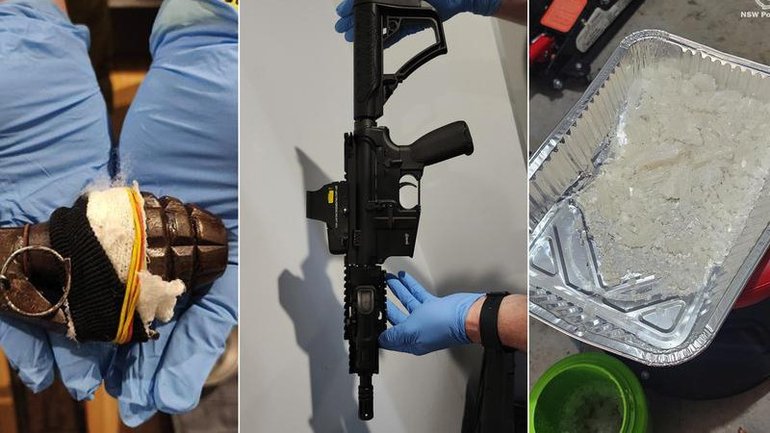 Grenades, guns, drugs and cash have been seized during a raid on an alleged safe house. 