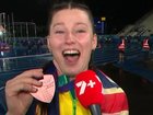 Lara Roberts celebrates her bronze medal, allowing her dad to ‘rub it in’.