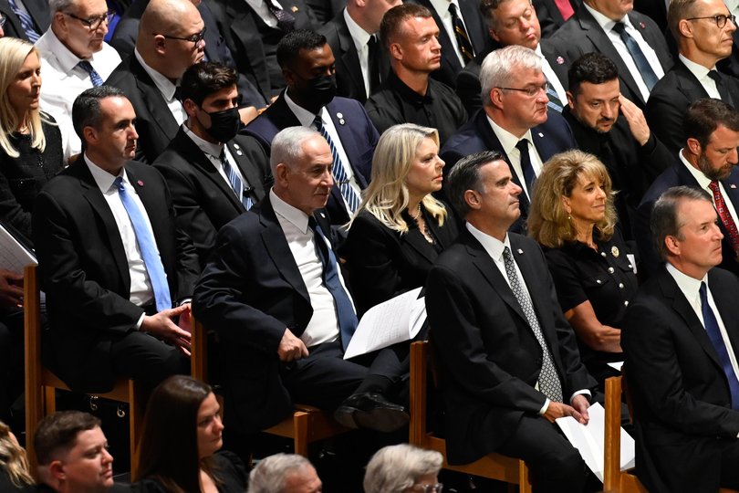 Benjamin Netanyahu, Sara Netanyahu, Andriy Sybiga, Volodymyr Zelensky, and Alexander Stubb at the service for Senator Lindsey Graham in Washington.