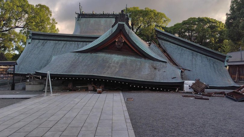 A shrine in Yatsushiro City lies destroyed after the earthquake.