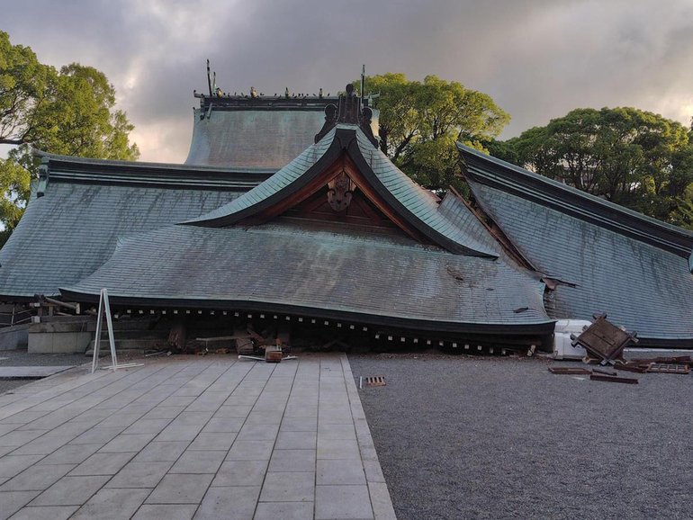 A shrine in Yatsushiro City lies destroyed after the earthquake.