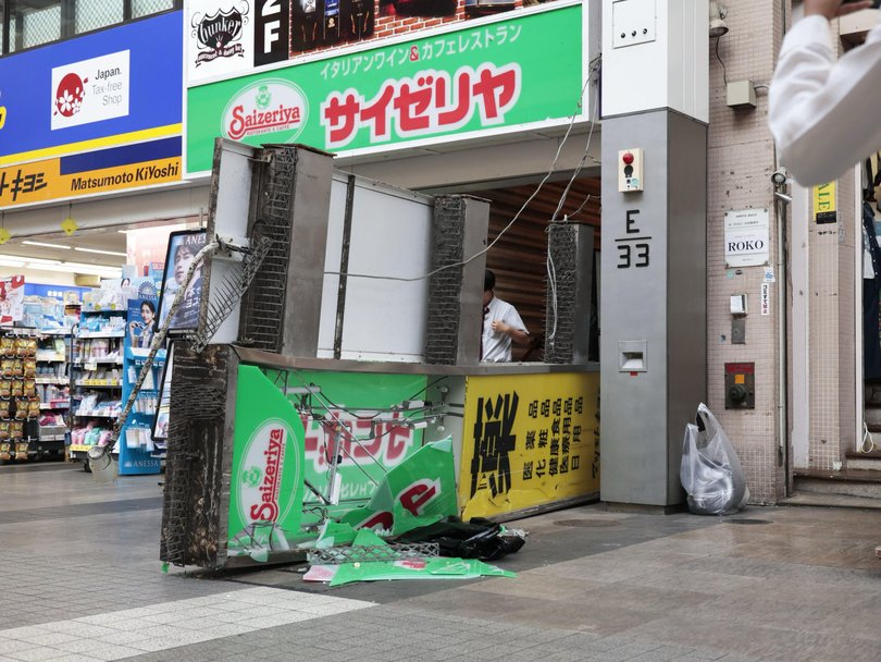 A restaurant sign shook to the ground in Kumamoto in the Kyushu island.