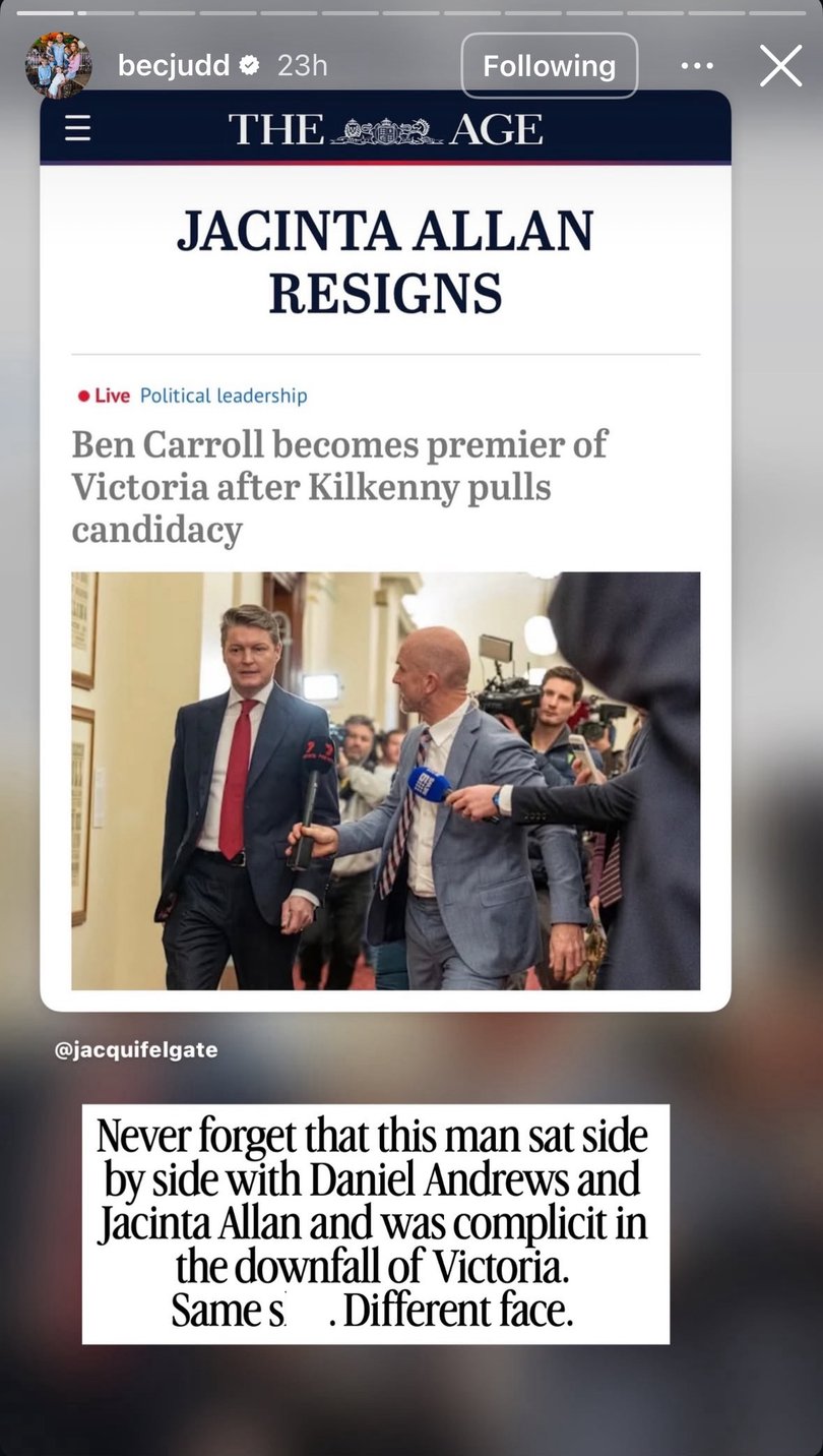 The wife of premiership player Chris Judd called out the new Premier for his “complicit” behaviour under Andrews and Allan. 