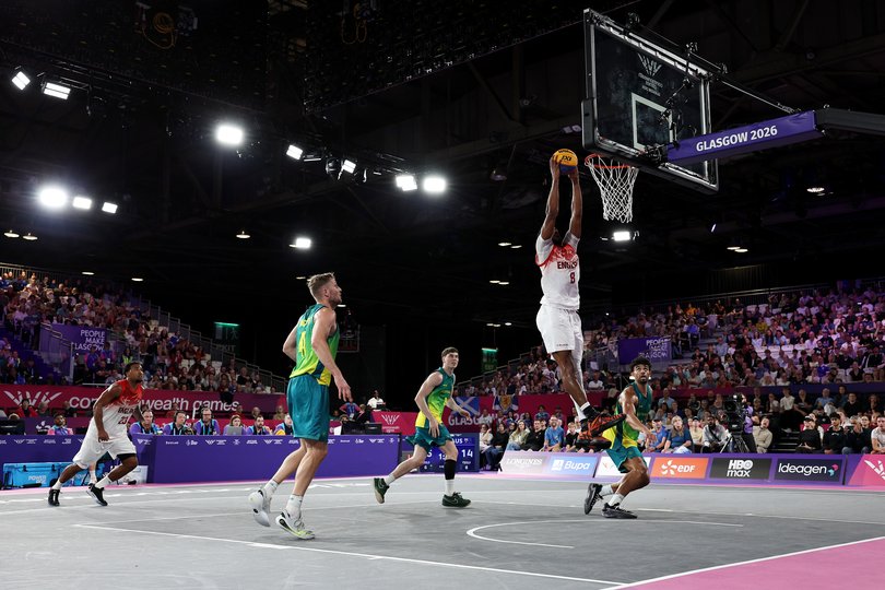 GLASGOW, SCOTLAND - JULY 29: Jamell Lenworth Anderson of Team England jumps for the ball during the Men's Gold Medal match between Team England and Team Australia on day six of the Glasgow 2026 Commonwealth Games at SEC Centre on July 29, 2026 in Glasgow, Scotland. (Photo by James Fearn/Getty Images)