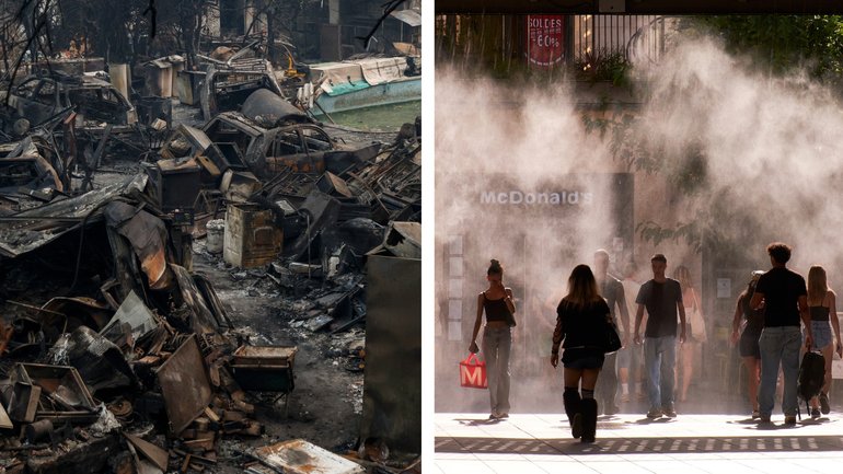 The aftermath of fires in Spain and, right, Bordeaux residents walk through water mist during a searing day.