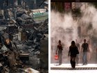 The aftermath of fires in Spain and, right, Bordeaux residents walk through water mist during a searing day.
