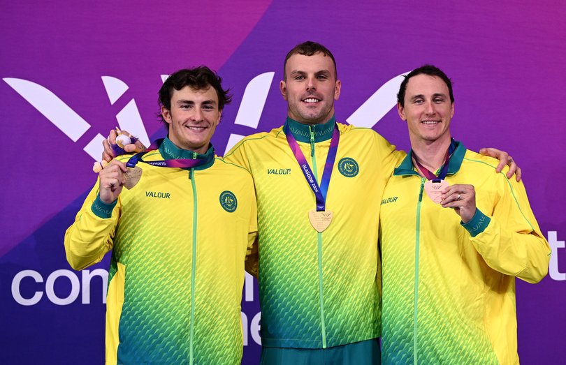 Gold medalists Ben Armbruster and Kyle Chalmers of Team Australia and Bronze medalist Cameron McEvoy.