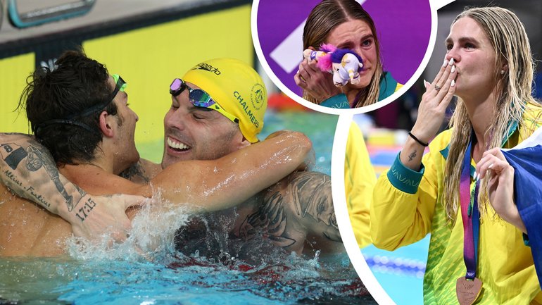 Ben Armbruster and Kyle Chalmers celebrate their tie in the men’s 50m butterfly final, and right, Shayna Jack's emotional farewell.