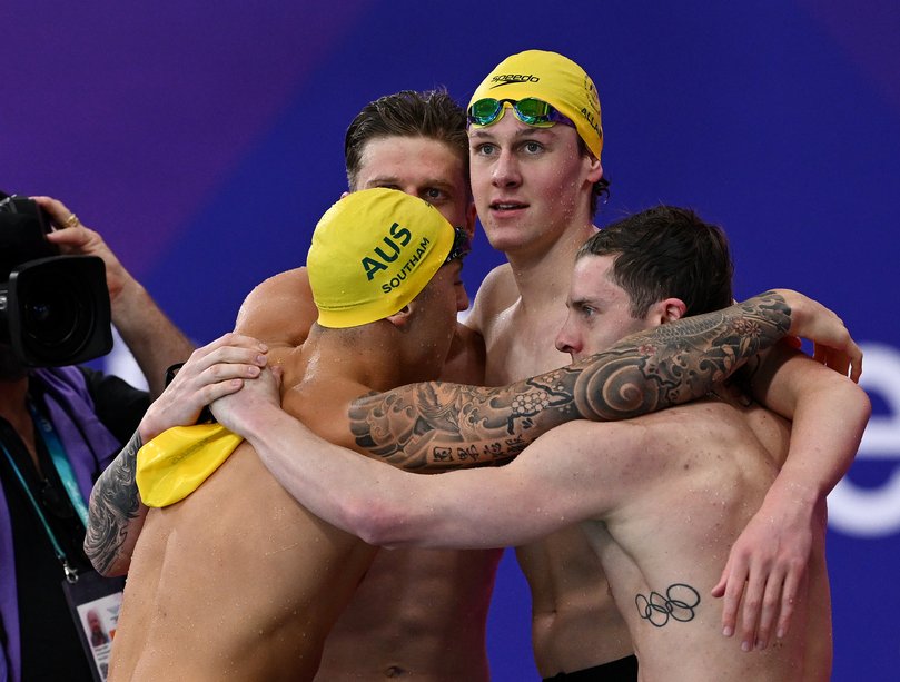 GLASGOW, SCOTLAND - JULY 29: Henry Allan, Sam Williamson, Matthew Temple and Flynn Southam of Team Australia celebrate after winning the gold medal during the Men's 4 x 100m Medley Relay Final on day six of the Glasgow 2026 Commonwealth Games at Tollcross International Swimming Centre on July 29, 2026 in Glasgow, Scotland. (Photo by Quinn Rooney/Getty Images)