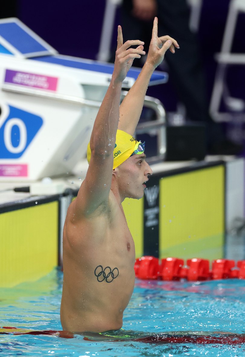 GLASGOW, SCOTLAND - JULY 29: Kai Taylor of Team Australia celebrates after winning the gold medal during the Men's 200m Freestyle Final on day six of the Glasgow 2026 Commonwealth Games at Tollcross International Swimming Centre on July 29, 2026 in Glasgow, Scotland. (Photo by Adam Pretty/Getty Images)