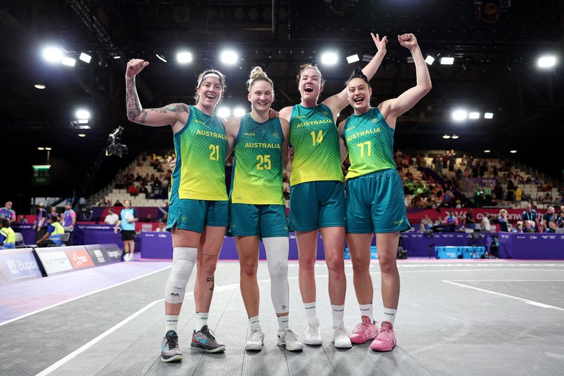 Marena Whittle, Amy Atwell, Lara McSpadden and Emma Clarke celebrate.
