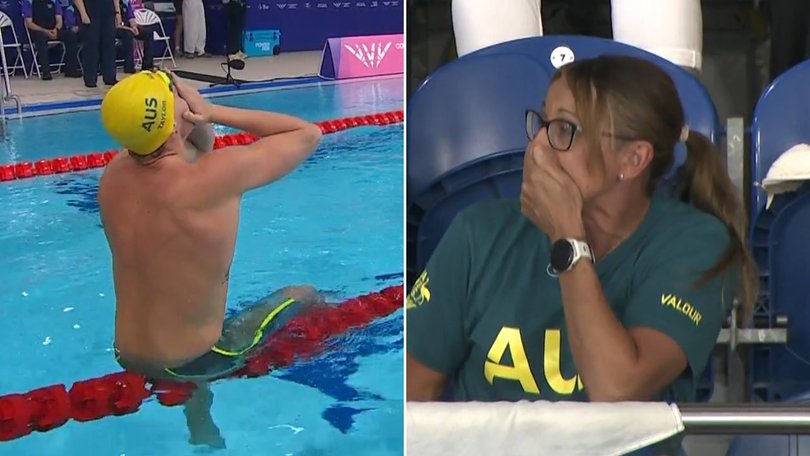 Kai Taylor celebrates his gold medal as iconic mum Hayley Lewis watches on from the stands.
