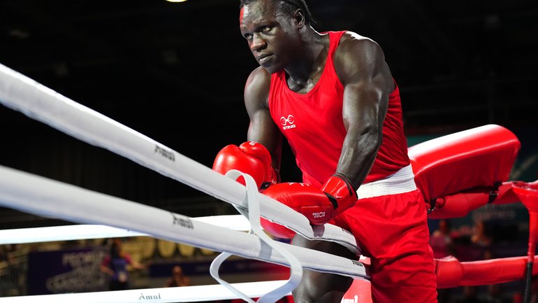 Aziz Abdul of Uganda ahead of the Men's 90+kg Quarter Final bout against Damar Thomas of England.