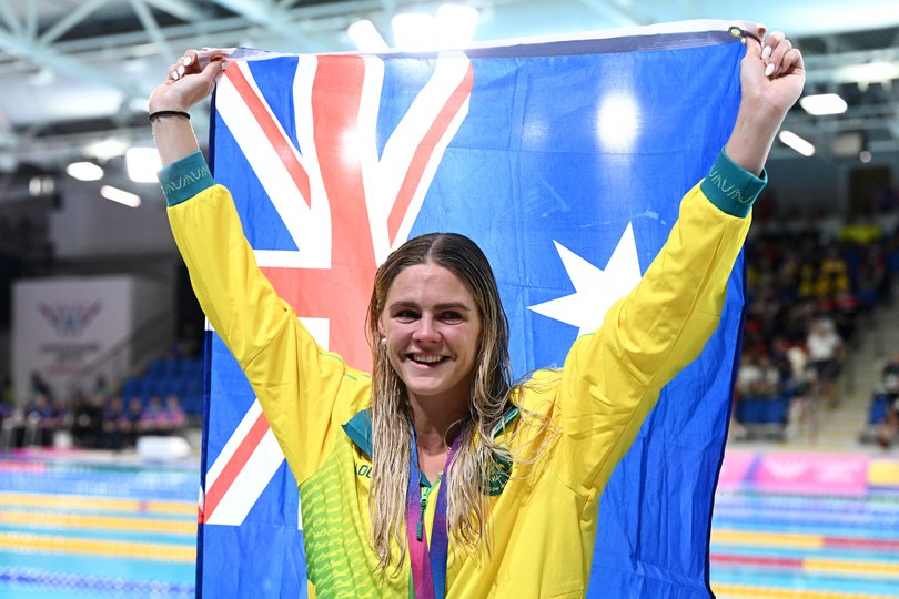 Bronze medalist Shayna Jack of Team Australia poses for a photo after the Women's 50m Freestyle Medal Ceremony on day six of the Glasgow 2026 Commonwealth Games.