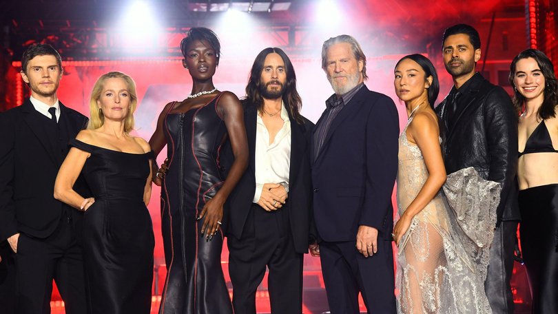 Evan Peters, Gillian Anderson, Jodie Turner-Smith, Jared Leto, Jeff Bridges, Greta Lee, Hasan Minhaj and Sarah Desjardins at the World Premiere of Tron: Ares