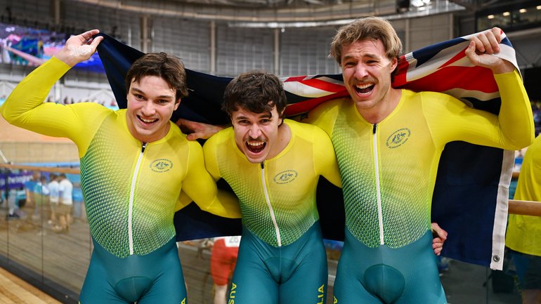 Ryan Elliott, Daniel James Barber and Leigh Hoffman of Team Australia celebrate after winning the gold medal during the Men's Team Sprint Finals.
