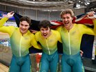 Ryan Elliott, Daniel James Barber and Leigh Hoffman of Team Australia celebrate after winning the gold medal during the Men's Team Sprint Finals.
