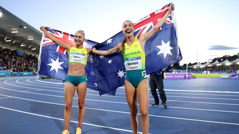 Gold medalist Rose Davies of Team Australia and Silver medalist Jessica Hull of Team Australia pose for a photo after competing in the Women's 5000 Metres Final.