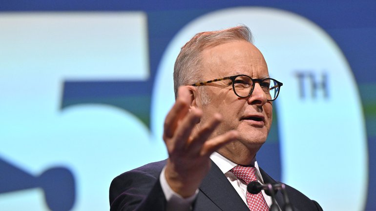 Prime Minister Anthony Albanese makes his closing remarks for the 50th Australian Labor Party (ALP) national convention at the Adelaide Convention Centre, in Adelaide, Saturday, July 25, 2026. (AAP Image/Mick Tsikas) NO ARCHIVING,