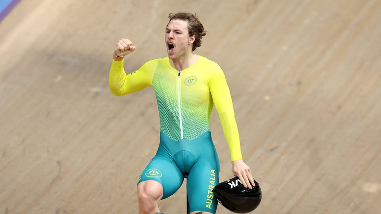GLASGOW, SCOTLAND - JULY 30: Leigh Hoffman of Team Australia celebrates after winning the gold medal during the Men's Team Sprint Finals - Gold in the Track Cycling on day seven of the Glasgow 2026 Commonwealth Games at Sir Chris Hoy Velodrome on July 30, 2026 in Glasgow, Scotland. (Photo by Molly Darlington/Getty Images)