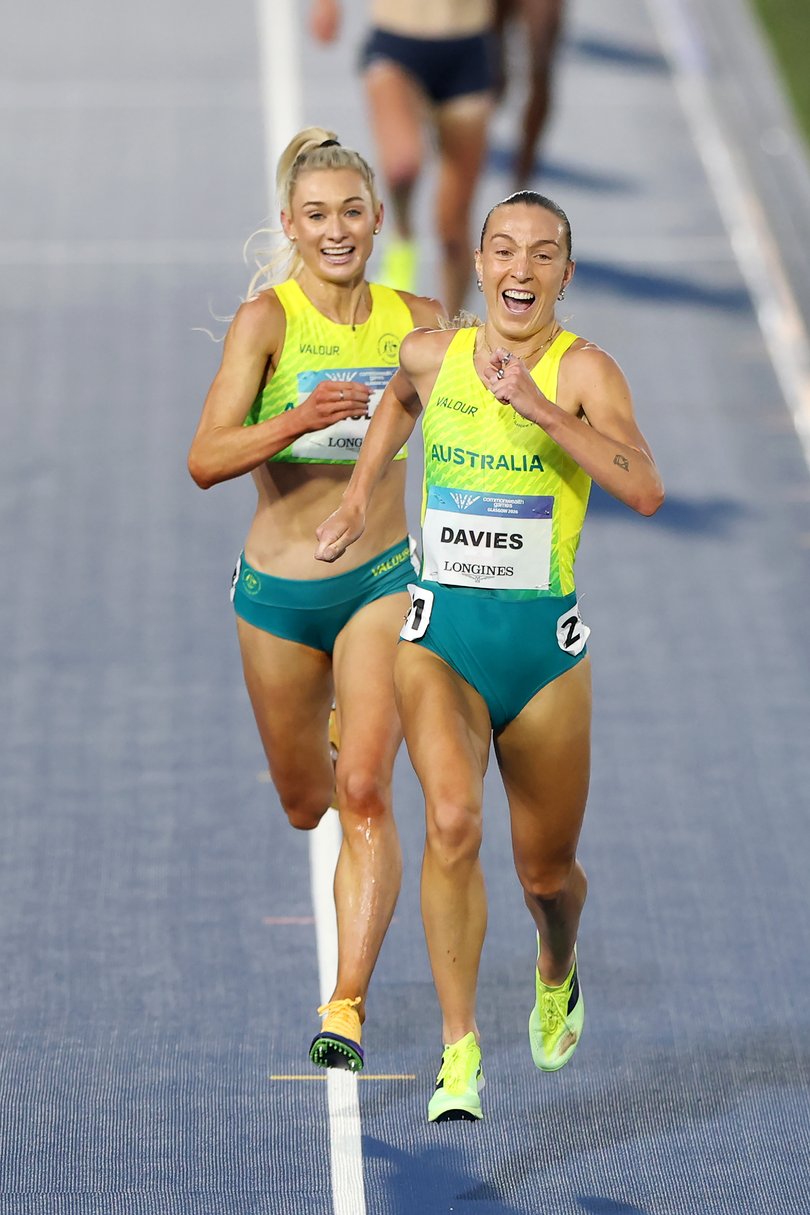 GLASGOW, SCOTLAND - JULY 30: Rose Davies of Team Australia reacts as she crosses the finish line to win the gold medal in the Women's 5000 Metres Final during the Athletics on day seven of the Glasgow 2026 Commonwealth Games at Scotstoun Stadium on July 30, 2026 in Glasgow, Scotland. (Photo by Michael Steele/Getty Images)