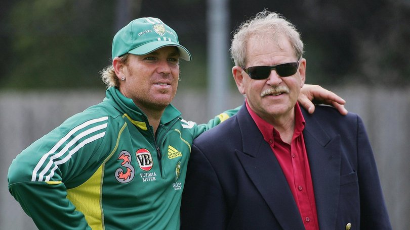 Shane Warne of Australia stands with mentor Terry Jenner during training at Bellerive Oval on November 15, 2005 in Hobart, Australia.