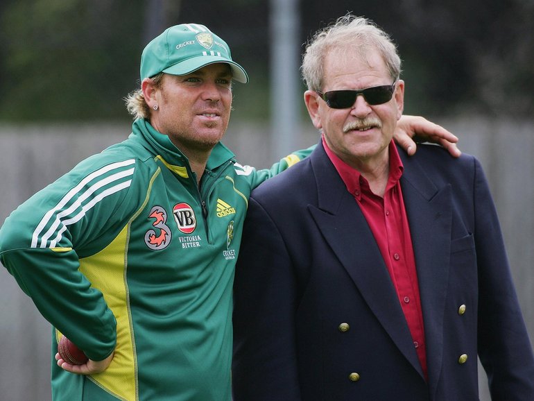  Shane Warne of Australia stands with mentor Terry Jenner during training at Bellerive Oval on November 15, 2005 in Hobart, Australia. 
