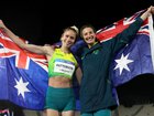 Gold medalist Eleanor Patterson of Team Australia and Silver medalist Nicola Olyslagers of Team Australia pose for a photo after competing Women's High Jump Final.