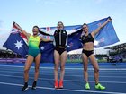 Gold medalist Eliza McCartney of Team New Zealand, Silver medalist Nina Kennedy of Team Australia and Bronze medalist Imogen Ayris of Team New Zealand pose for a photo after competing in the Women's Pole Vault Final.