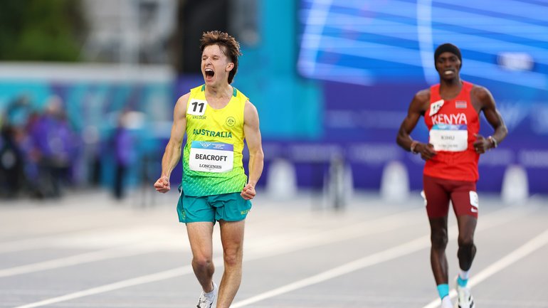Isaac Beacroft of Team Australia celebrates as he crosses the finish line.