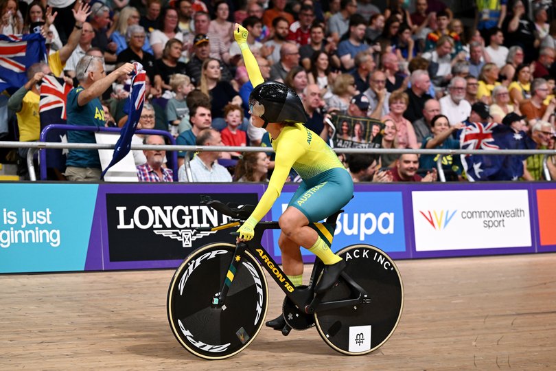 GLASGOW, SCOTLAND - JULY 30: Felicity Wilson-Haffenden of Team Australia celebrares victory after the Women's 4000m Team Pursuit Finals Gold race in the Track Cycling on day seven of the Glasgow 2026 Commonwealth Games at Sir Chris Hoy Velodrome on July 30, 2026 in Glasgow, Scotland. (Photo by Quinn Rooney/Getty Images)