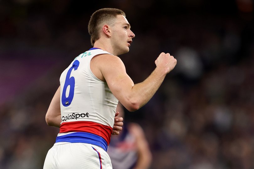 PERTH, AUSTRALIA - JULY 31: Cooper Hynes of the Bulldogs celebrates a goal during the round 21 AFL match between Fremantle Dockers and Western Bulldogs at Optus Stadium, on July 31, 2026, in Perth, Australia. (Photo by Janelle St Pierre/AFL Photos)