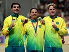 Gold medalist Oliver Bleddyn of Team Australia (C), Silver medalist Conor Leahy of Team Australia (L) and Bronze medalist James Moriarty of Team Australia (R) pose on the podium during the Men's 4000M Individual Pursuit Final.
