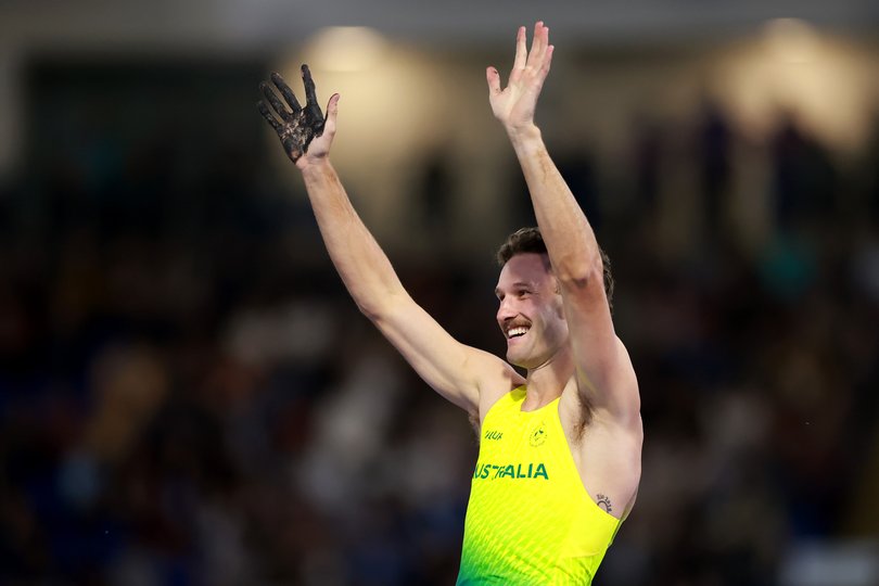 GLASGOW, SCOTLAND - AUGUST 01: Kurtis Marschall of Team Australia celebrates during the Men's Pole Vault Final during the Athletics on day nine of the Glasgow 2026 Commonwealth Games at Scotstoun Stadium on August 01, 2026 in Glasgow, Scotland. (Photo by Dean Mouhtaropoulos/Getty Images)