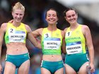 Gold medalist Jemima Montag, Silver medalist Elizabeth McMillen of Team Australia and Bronze medalist Rebecca Henderson.