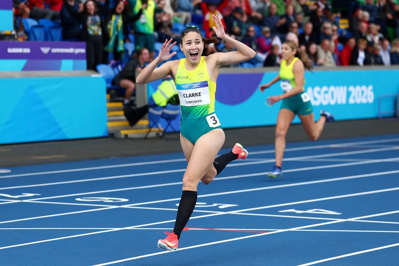 Rhiannon Clarke celebrates her gold win.