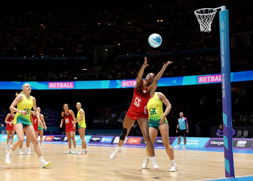 GLASGOW, SCOTLAND - AUGUST 02: Olivia Tchine of Team England jumps for the ball during the Bronze Medal Match between Team Australia and Team England on day ten of the Glasgow 2026 Commonwealth Games at The Hydro on August 02, 2026 in Glasgow, Scotland. (Photo by James Fearn/Getty Images)