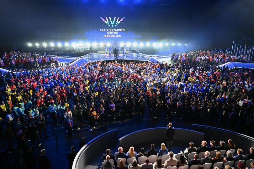 Prince Edward, Duke of Edinburgh, representing King Charles III, delivers a speech declaring the Games closed during the Closing Ceremony.